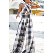 Lovely Trendy Grid Print White One-piece Jumpsuit