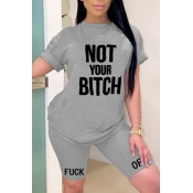 Lovely Leisure Letter Print Grey Two-piece Shorts 