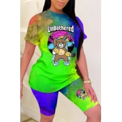 Lovely Casual Cartoon Print Green Two-piece Shorts