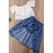 Lovely Sweet Lace Hem Blue Girl Two-piece Shorts S