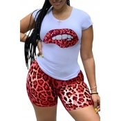 Lovely Casual Lip Print Red Plus Size Two-piece Sh