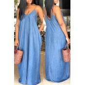 LW Plus Size Casual V Neck Loose Blue Dress