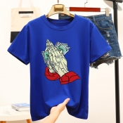 Lovely Leisure O Neck Cartoon Print Blue T-shirt