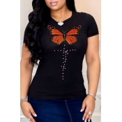 Lovely Leisure O Neck Butterfly Print Black T-shir