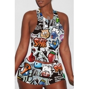 Lovely Leisure Cartoon Print Blue Two-piece Shorts