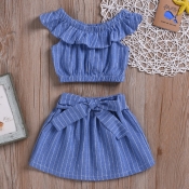 Lovely Stylish Striped Deep Blue Girl Two-piece Sk
