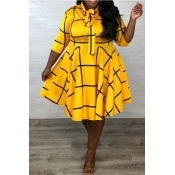 Lovely Casual Print Yellow Knee Length Plus Size D