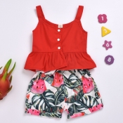 Lovely Sweet Plants Print Red Girl Two-piece Short