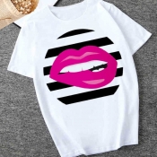 Lovely Trendy O Neck Lip Print White T-shirt
