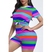 LW Casual Striped Rose Red Two-piece Shorts Set