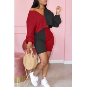 lovely Casual Patchwork Red Plus Size Two-piece Sh