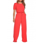 lovely Leisure Lace-up Red One-piece Jumpsuit