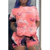 Lovely Casual Tie-dye Pink Two-piece Shorts Set