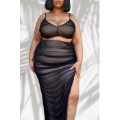 lovely Sexy Fold Design Black Plus Size Two-piece 