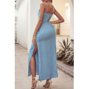 lovely Casual Side Slit Blue Ankle Length Dress