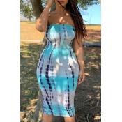 lovely Bohemian Tie-dye Blue Knee Length Dress