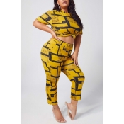 Lovely Leisure Print Yellow Plus Size Two-piece Pa