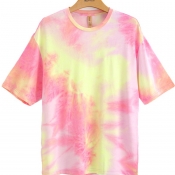 lovely Casual O Neck Tie-dye Pink T-shirt