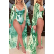 LW Print Green One-piece Swimsuit(With Cover-up)