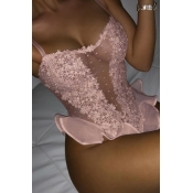 lovely Sexy See-through Patchwork Pink Teddies