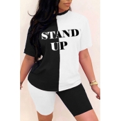 lovely Leisure O Neck Letter Patchwork Black Two-p