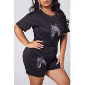 lovely Casual Print Black Plus Size Two-piece Shor