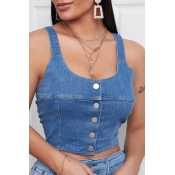 lovely Casual Buttons Design Blue Denim Camisole