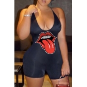 Lovely Stylish Lip Print Black One-piece Romper