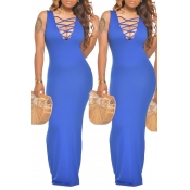 lovely Sexy Hollow-out Deep Blue Maxi Dress