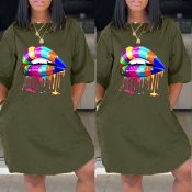 lovely Casual Lip Print Army Green Knee Length Dre