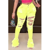 Lovely Trendy Hollow-out Yellow Jeans