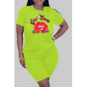 Lovely Casual Lip Print Green Plus Size Two-piece 