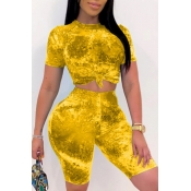 lovely Trendy Tie-dye Yellow Two-piece Shorts Set