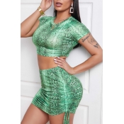 lovely Trendy Print Green Two-piece Skirt Set