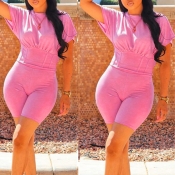 Lovely Casual O Neck Skinny Light Pink Two-piece S