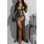 lovely Trendy Deep V Neck Front Slit Gold Maxi Dre