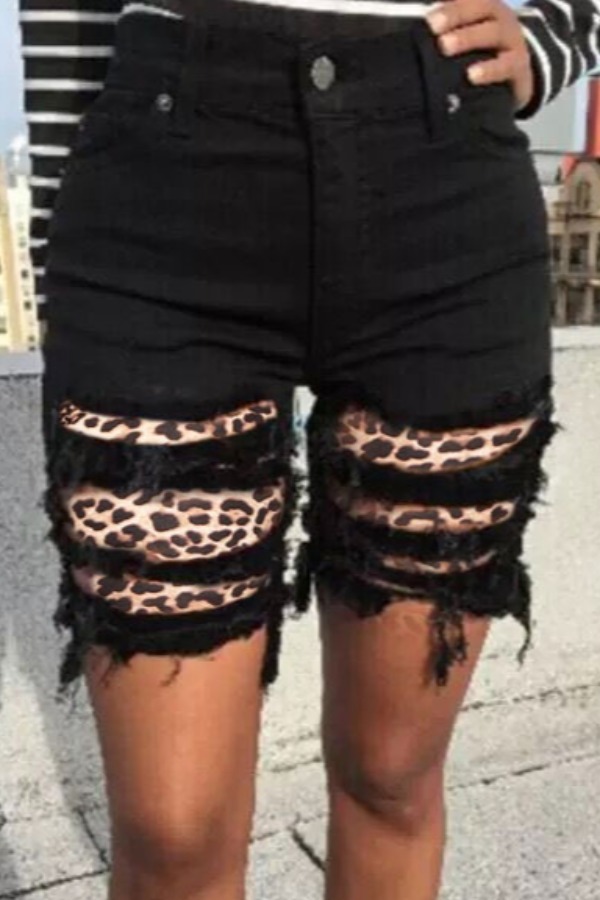 Lovely Casual Broken Holes Patchwork Black Denim Shorts