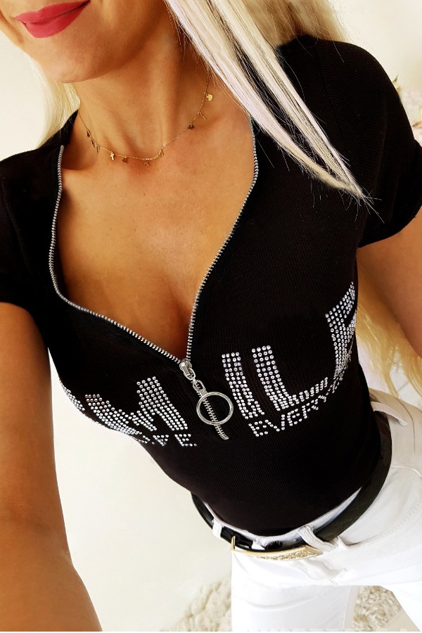 lovely Trendy Zipper Design Black Blouse