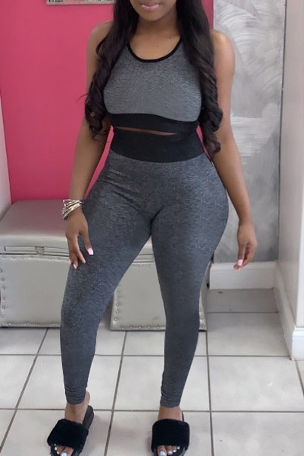 lovely Casual O Neck Patchwork Grey Two-piece Pants Set