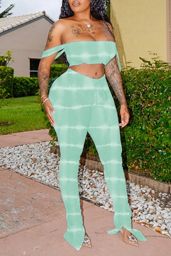 lovely Casual Off The Shoulder Tie-dye Print Green Two-piece Pants Set