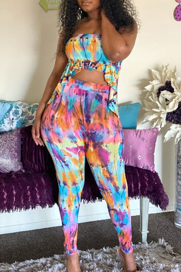 lovely Casual Tie-dye Multicolor Two-piece Pants Set
