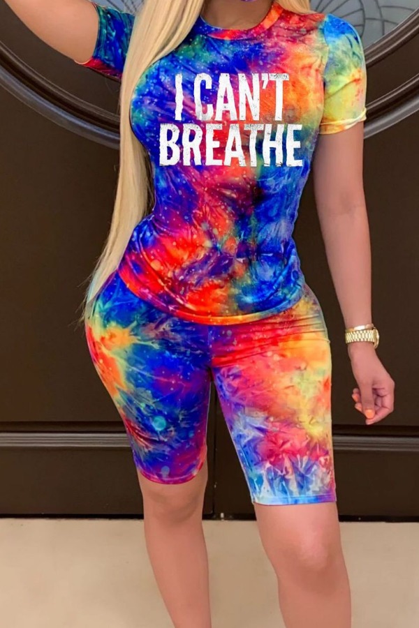 LW Casual Letter Print Blue Two Piece Shorts Set