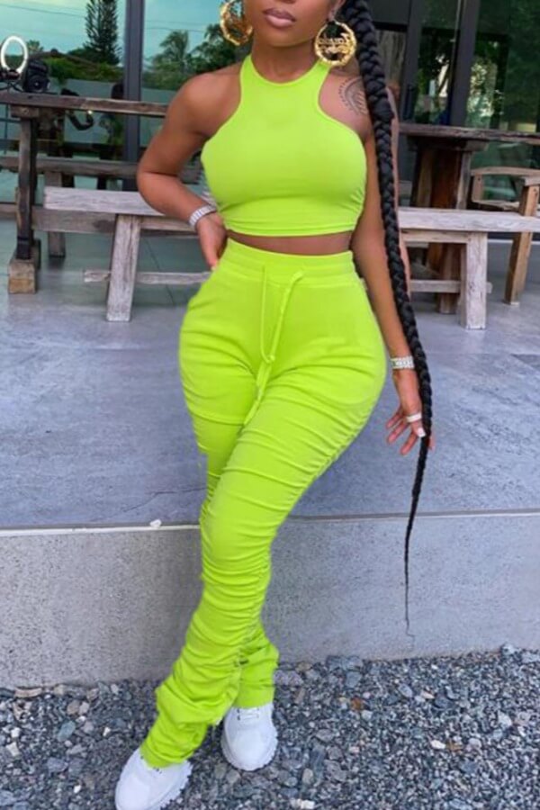 LW Stylish Fold Design Green Two-piece Pants Set