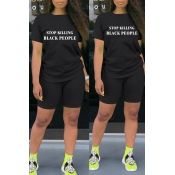 lovely Casual O Neck Letter Print Black Two-piece 