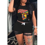 lovely Leisure O Neck Print Black Plus Size Two-pi