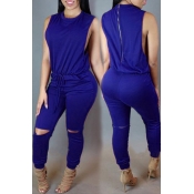 Lovely Casual Hollow-out Blue One-piece Jumpsuit