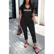lovely Casual V Neck Letter Print Black Two-piece 