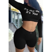 lovely Casual Letter Print Black Two-piece Shorts 