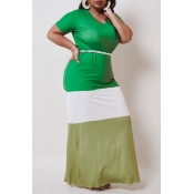 Lovely Casual Color-lump Patchwork Green Maxi Plus