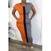 lovely Casual Patchwork Orange Ankle Length Dress